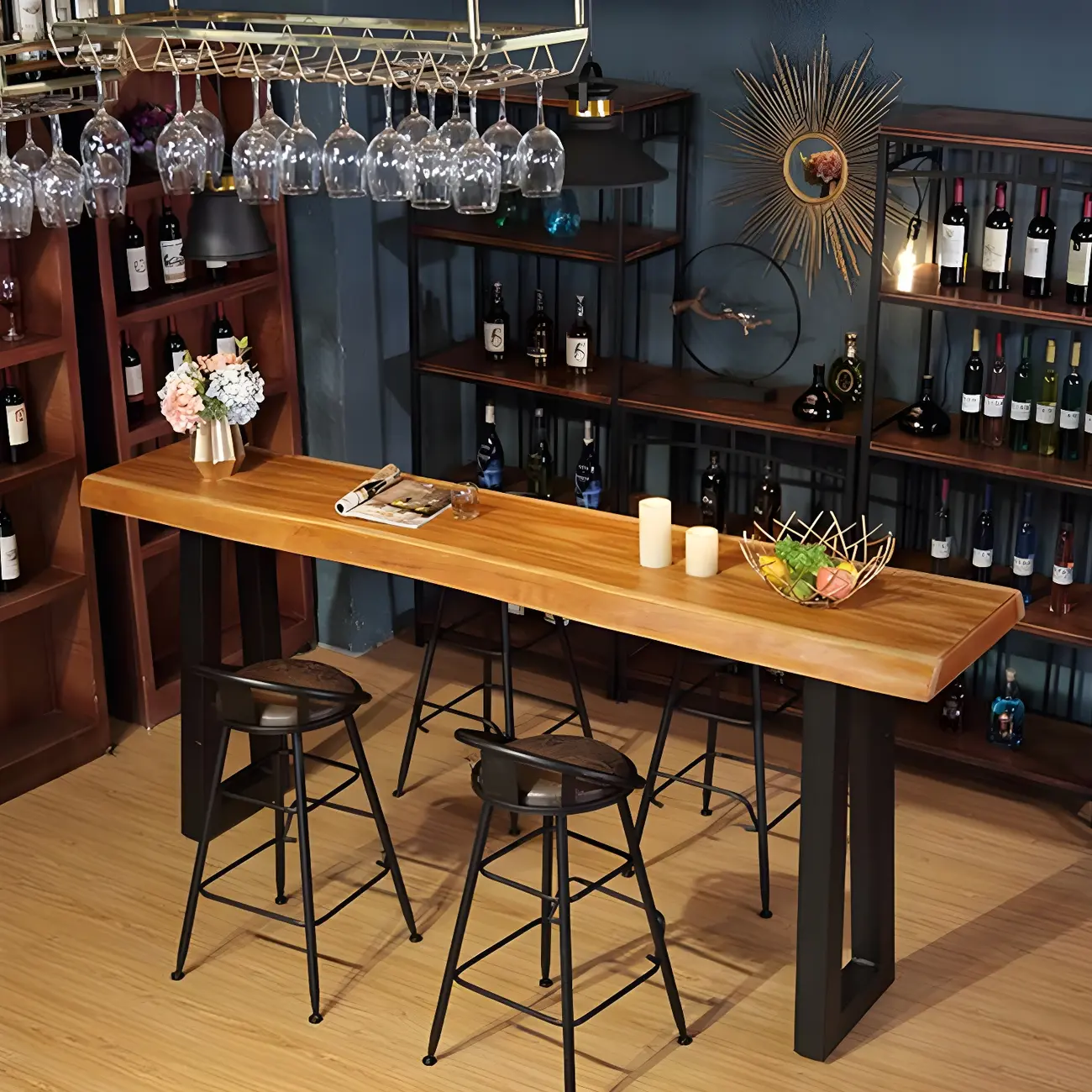 Industrial Brown Pine Rectangular Bar Table with Metal Sled Base Image - 1 | homeyfad