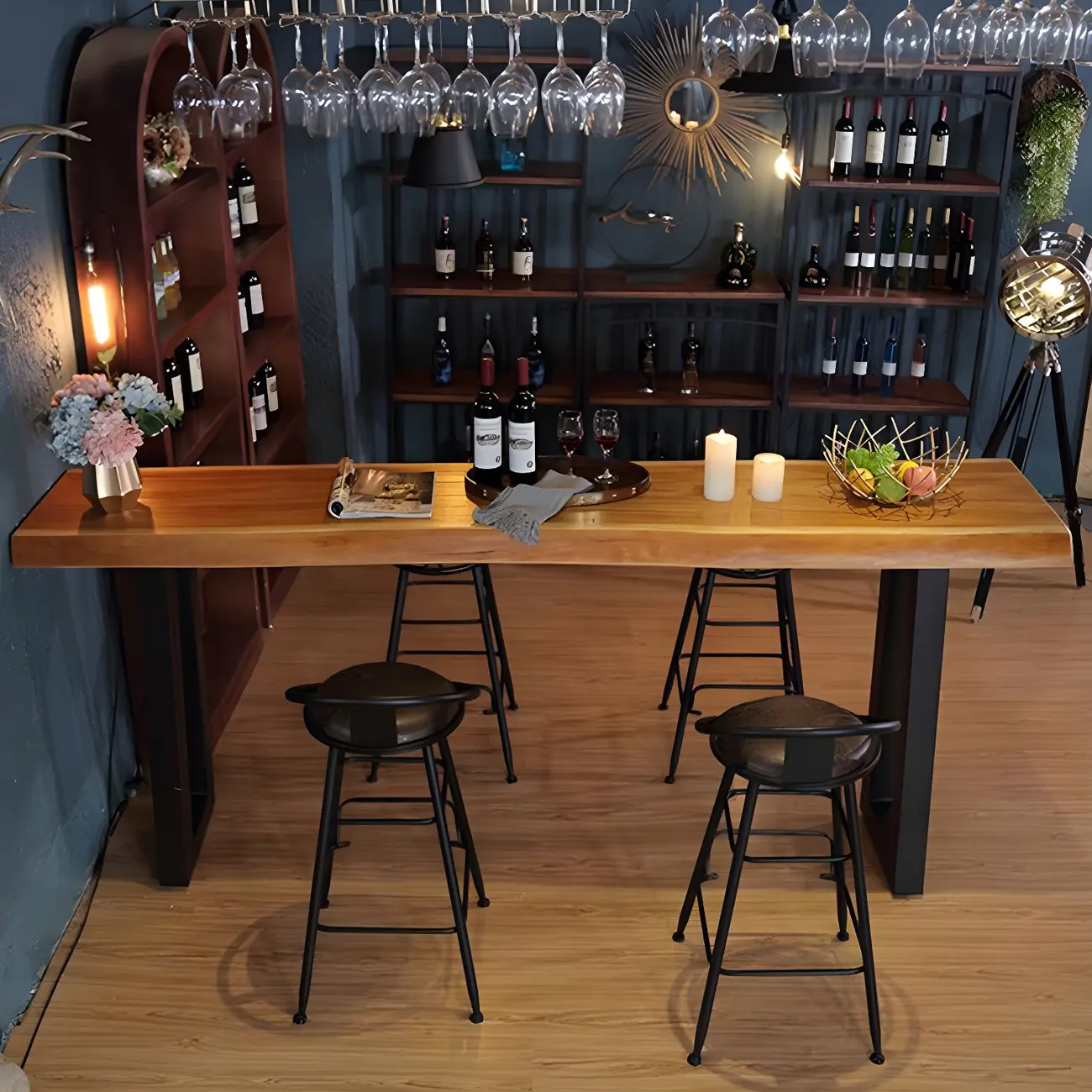 Industrial Brown Pine Rectangular Bar Table with Metal Sled Base Image - 2 | homeyfad