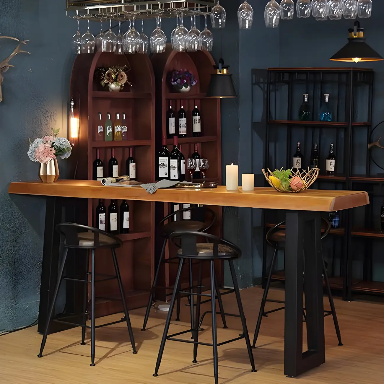 Industrial Brown Pine Rectangular Bar Table with Metal Sled Base Image - 3 | homeyfad