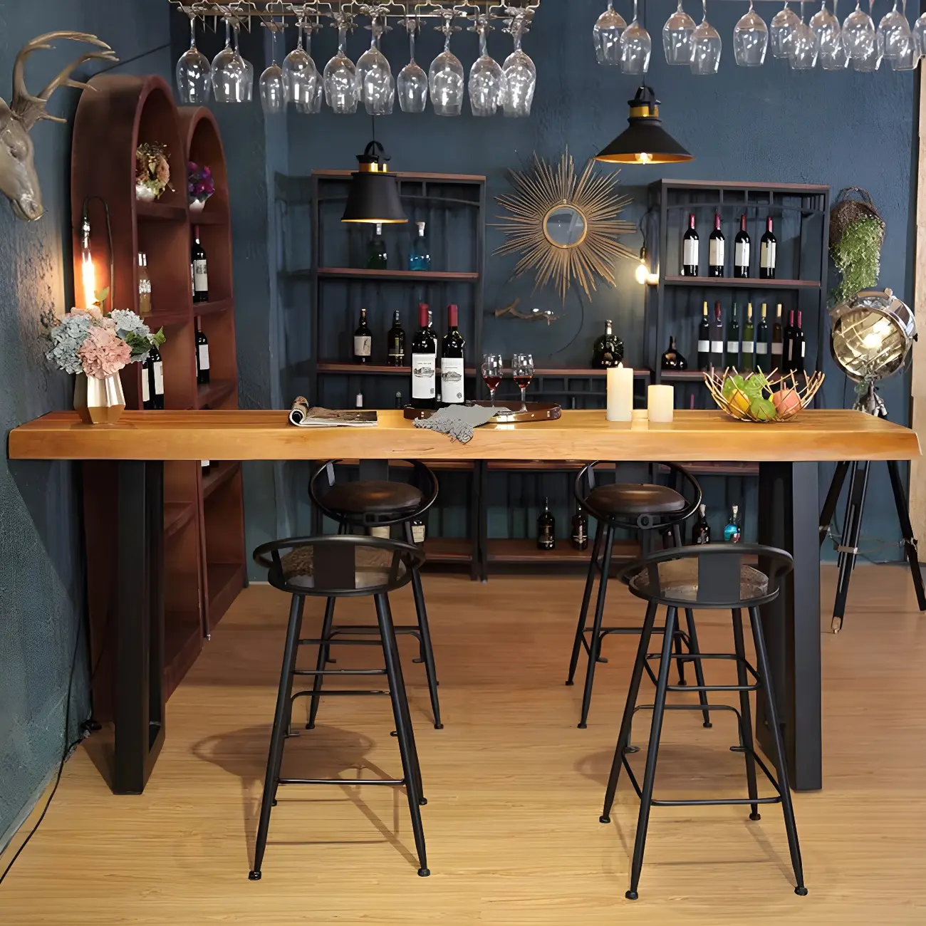 Industrial Brown Pine Rectangular Bar Table with Metal Sled Base Image - 4 | homeyfad