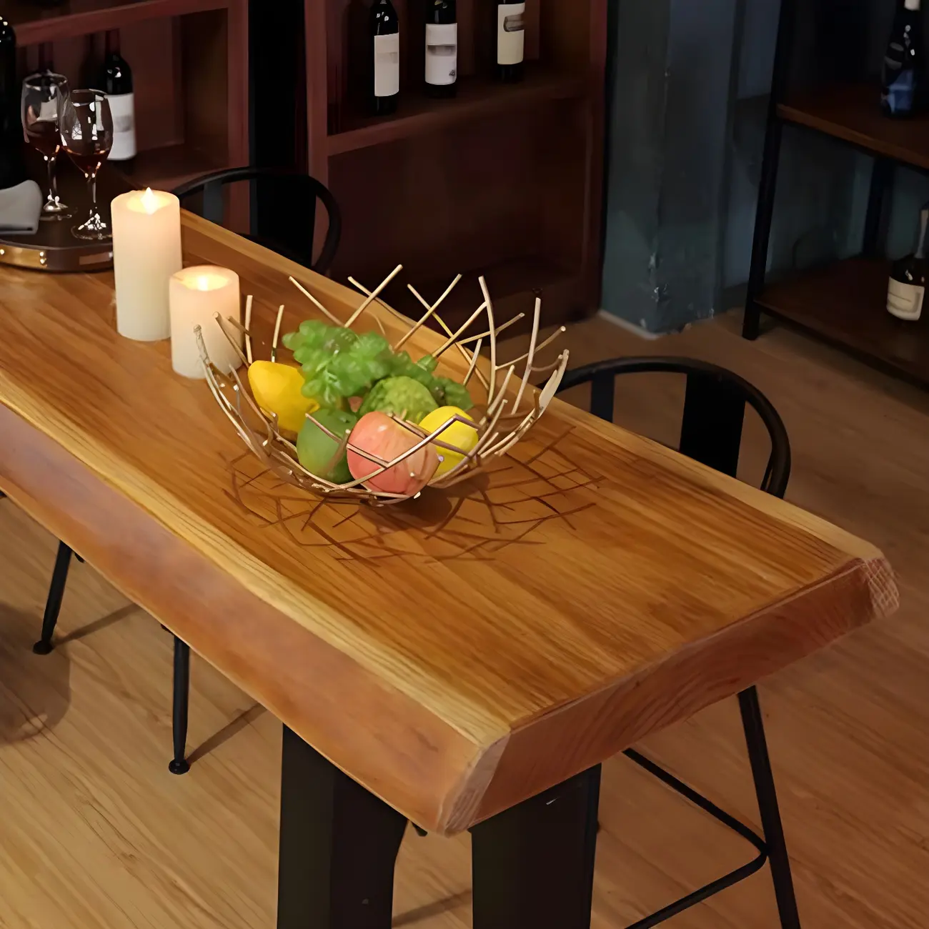 Industrial Brown Pine Rectangular Bar Table with Metal Sled Base Image - 6 | homeyfad