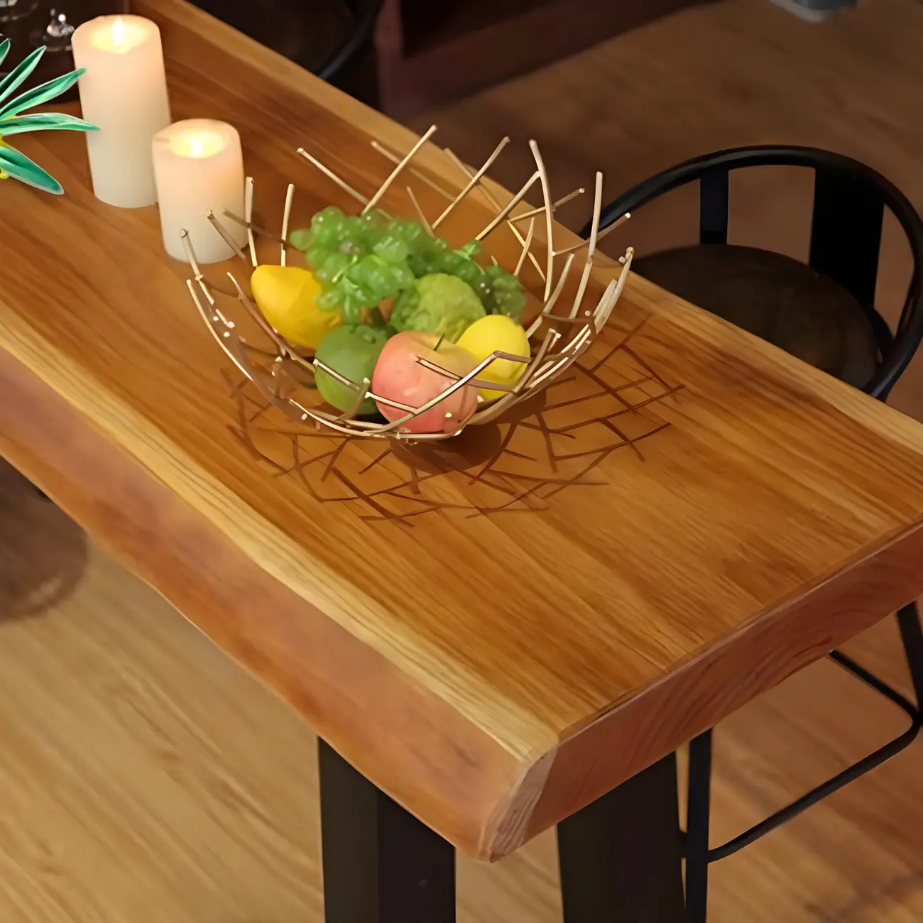 Industrial Brown Pine Rectangular Bar Table with Metal Sled Base Image - 8 | homeyfad