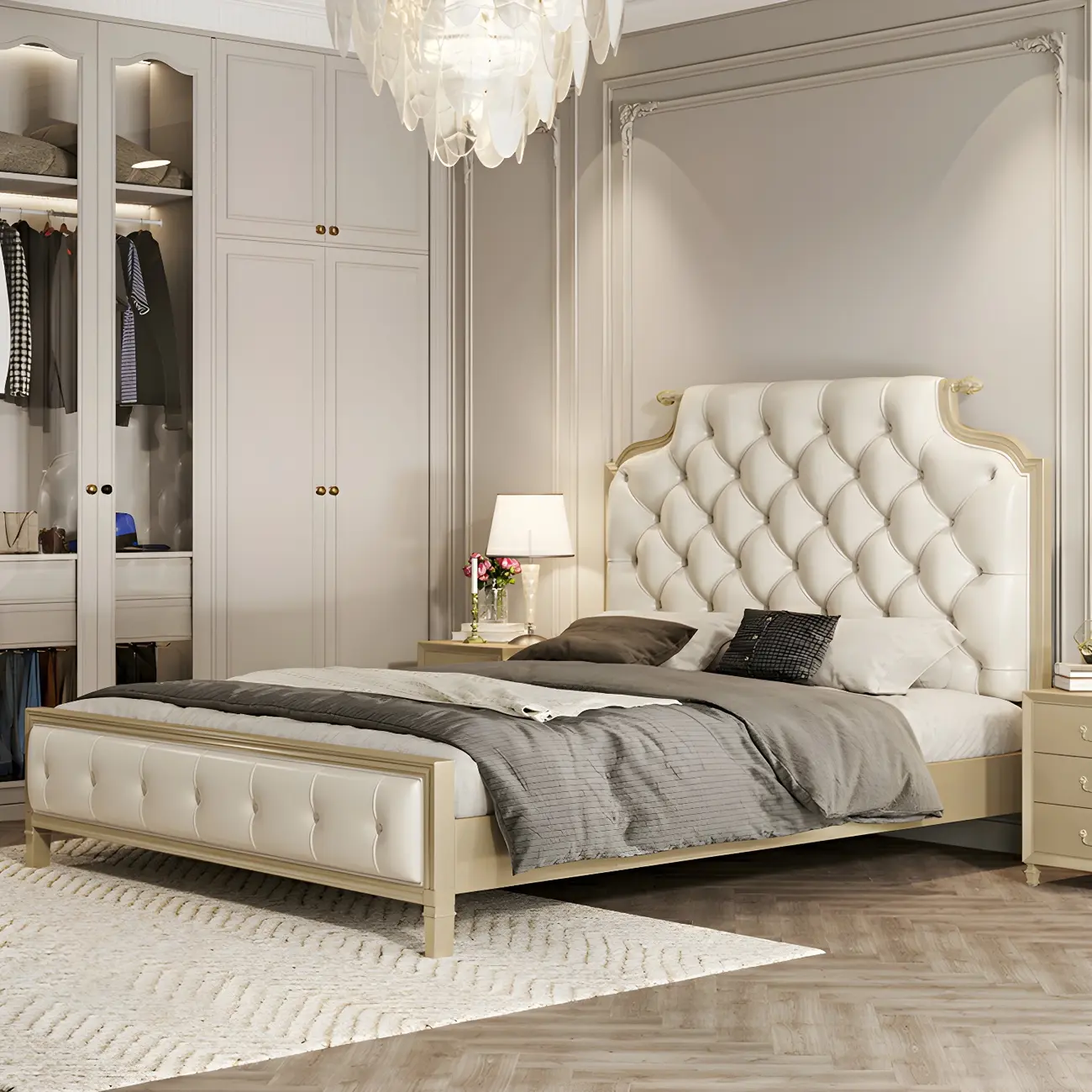 Luxury Beige Upholstered Storage Bed with Tufted Headboard Image - 1 | homeyfad
