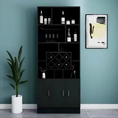Black Modern Large Wooden Open Stackable Wine Cabinet Image - 1