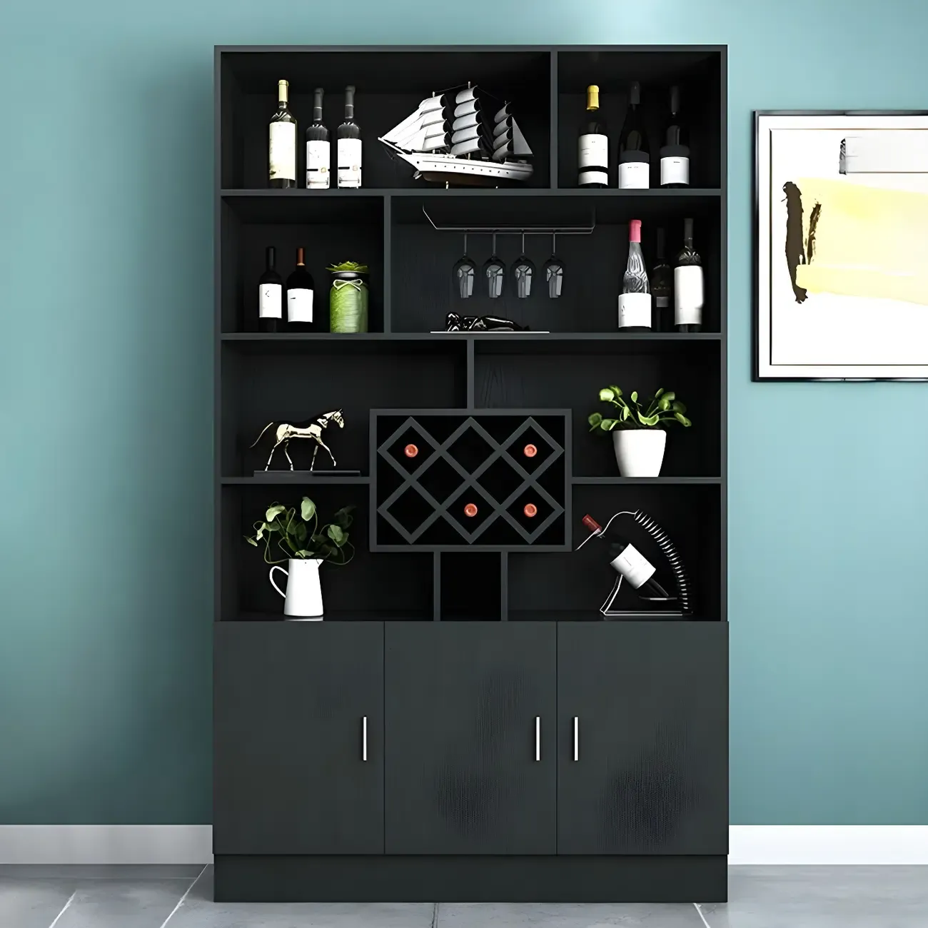 Black Modern Large Wooden Open Stackable Wine Cabinet Image - 3