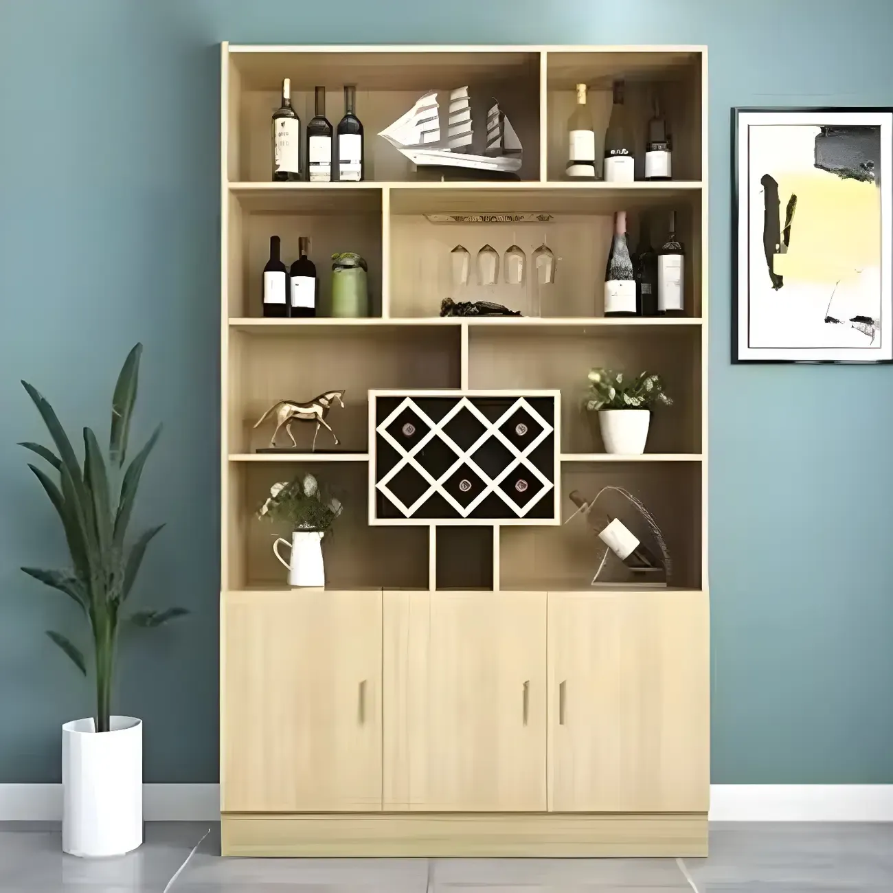 Black Modern Large Wooden Open Stackable Wine Cabinet Image - 5