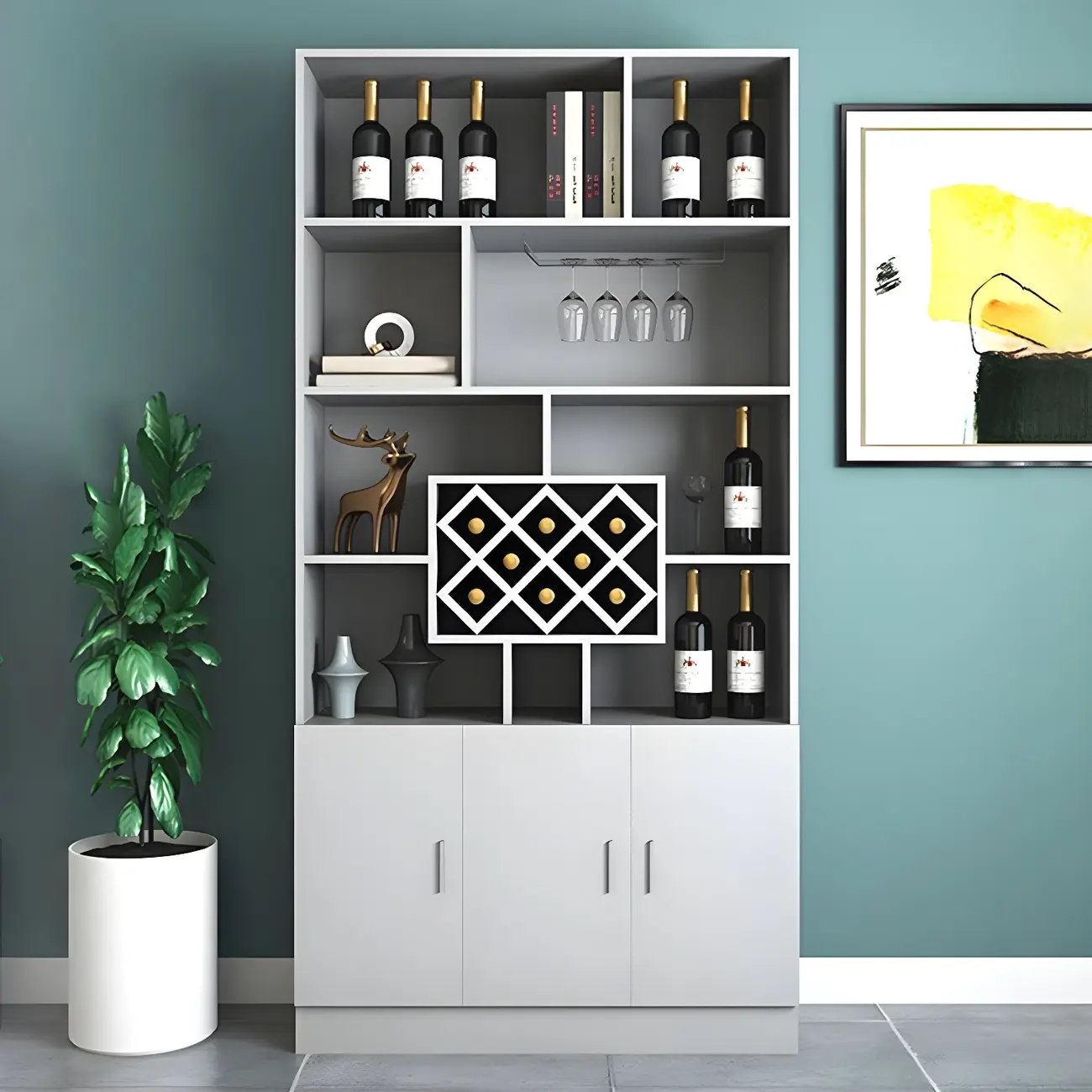 Black Modern Large Wooden Open Stackable Wine Cabinet Image - 6 | homeyfad