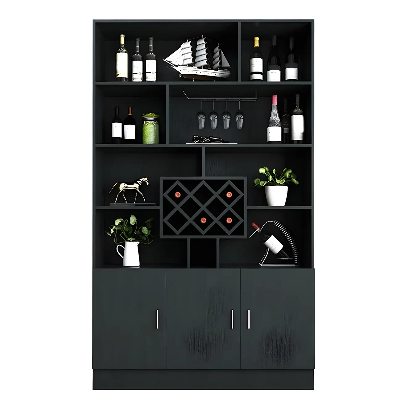 Black Modern Large Wooden Open Stackable Wine Cabinet Image - 13 | homeyfad