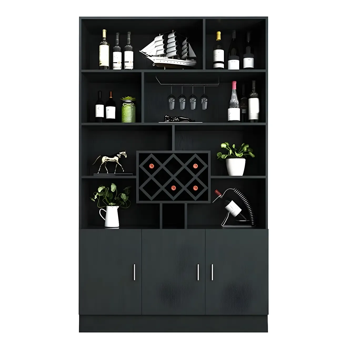 Black Modern Large Wooden Open Stackable Wine Cabinet Image - 13