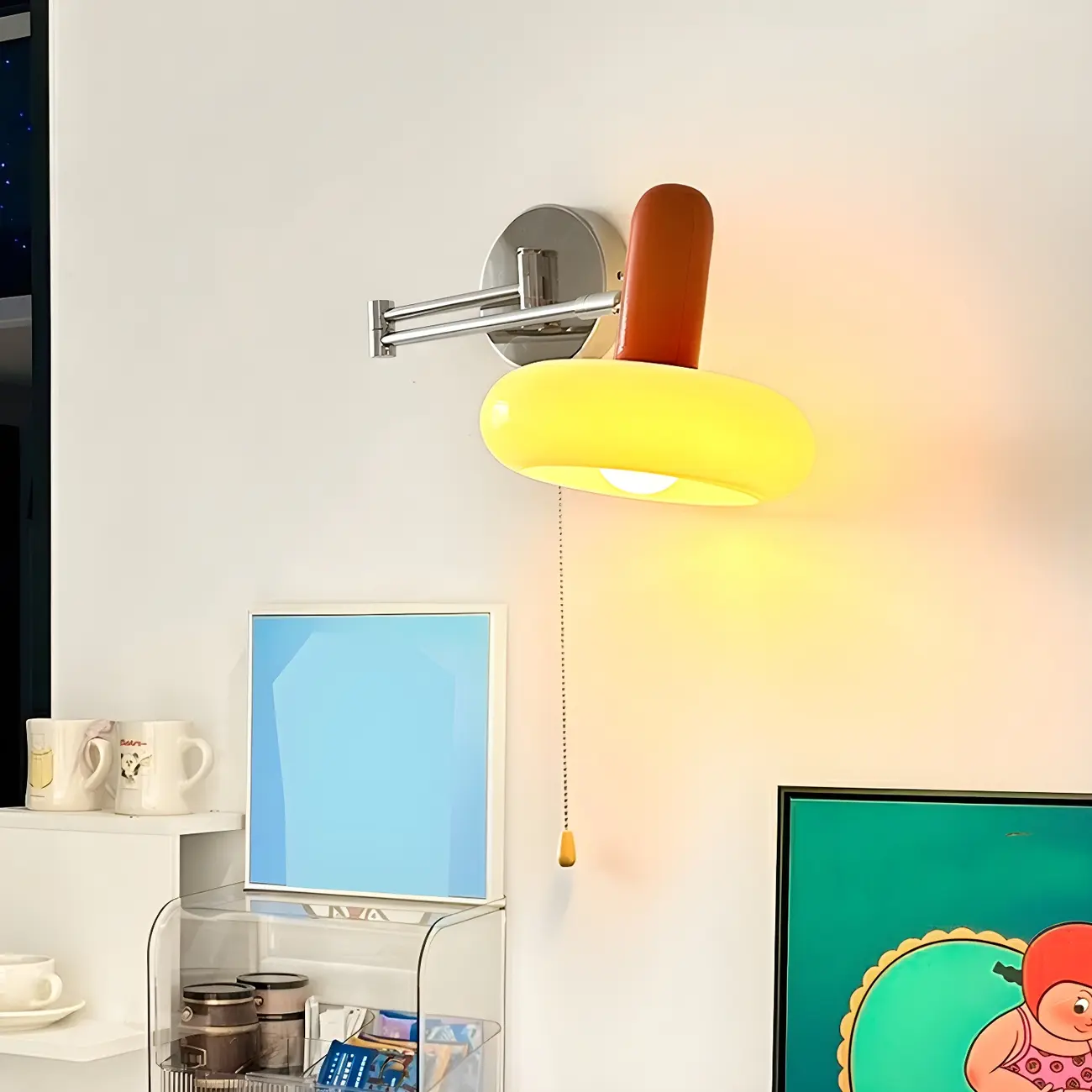 Contemporary Metal Silver Red Swing Arm Wall Light Image - 1 | homeyfad