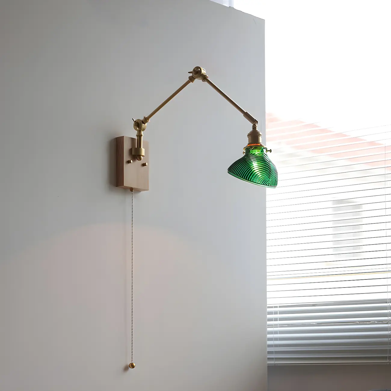 Vintage Brass Swing Arm Carved Glass Shade Wall Light Image - 1 | homeyfad