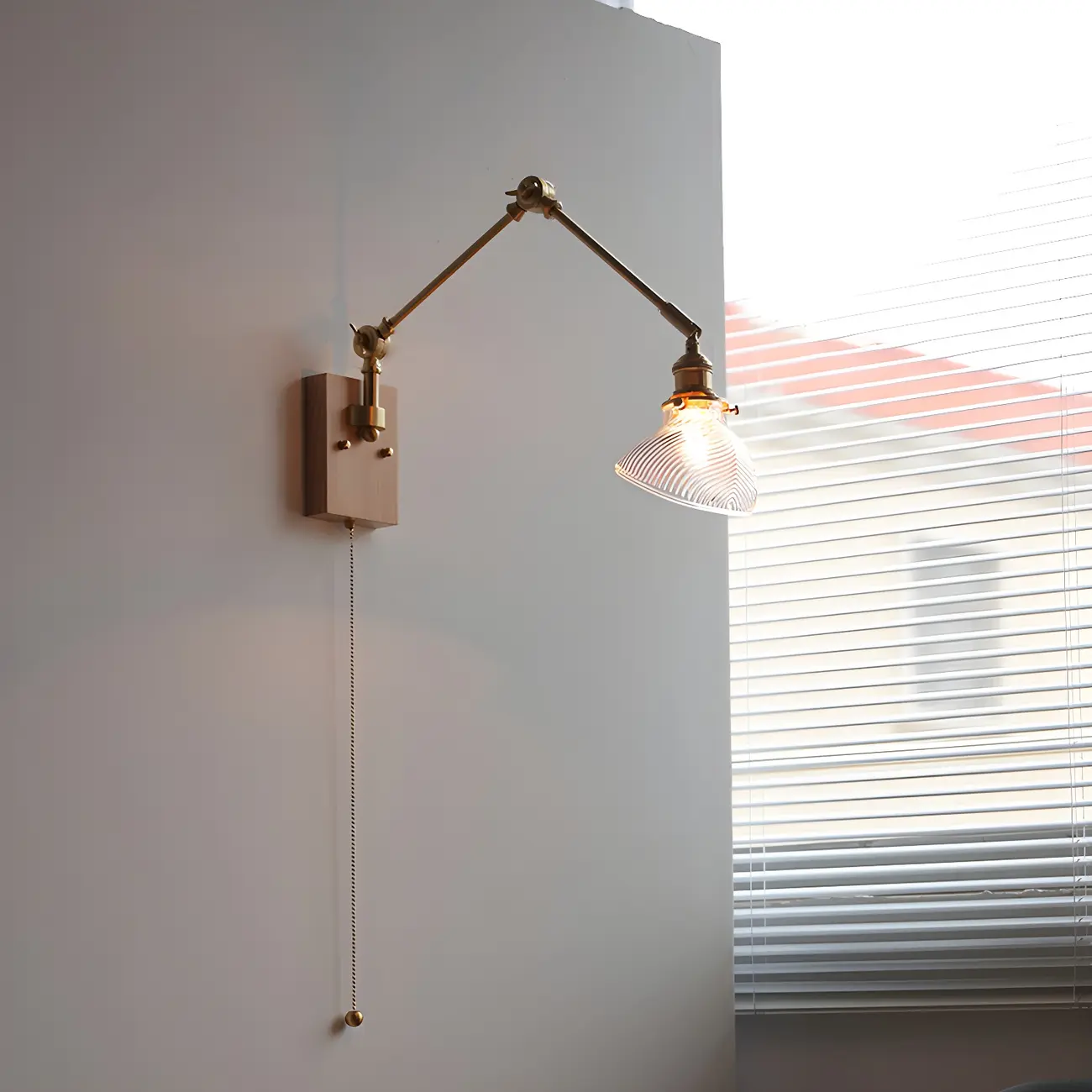 Vintage Brass Swing Arm Carved Glass Shade Wall Light Image - 3 | homeyfad