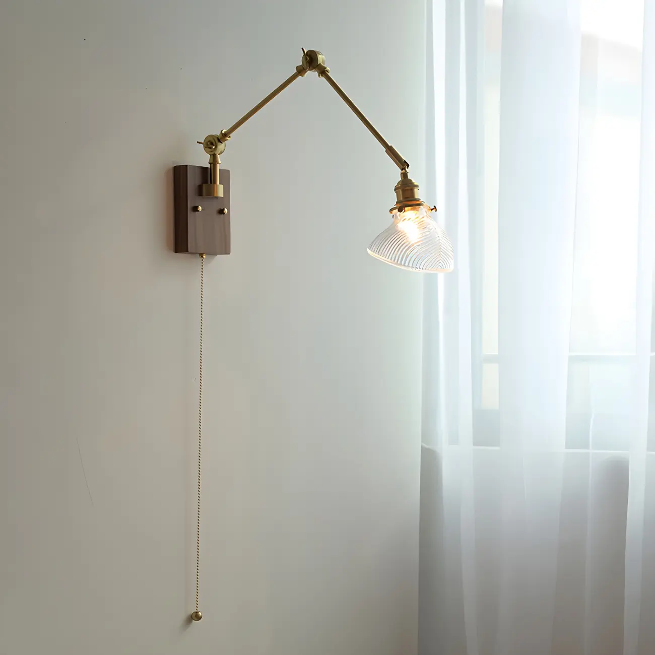 Vintage Brass Swing Arm Carved Glass Shade Wall Light Image - 4 | homeyfad