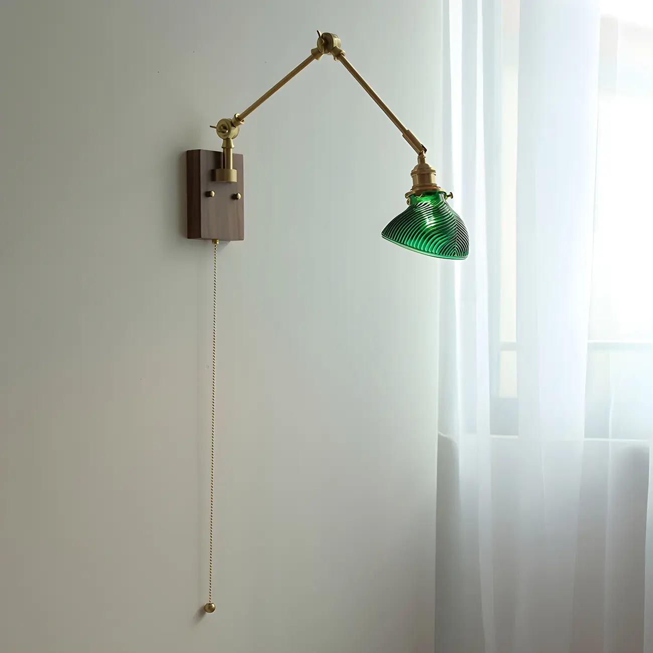 Vintage Brass Swing Arm Carved Glass Shade Wall Light Image - 2 | homeyfad