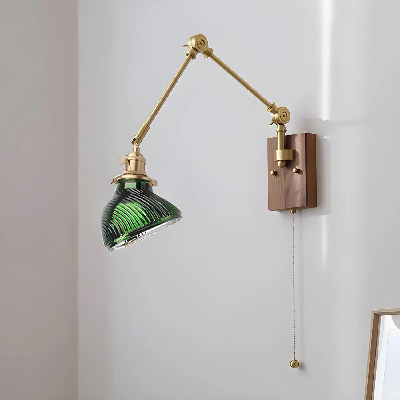 Vintage Brass Swing Arm Carved Glass Shade Wall Light Image - 8 | homeyfad