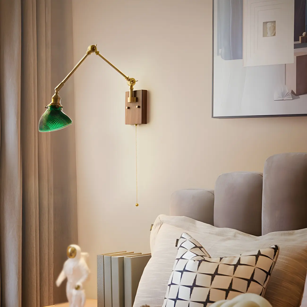 Vintage Brass Swing Arm Carved Glass Shade Wall Light Image - 9 | homeyfad