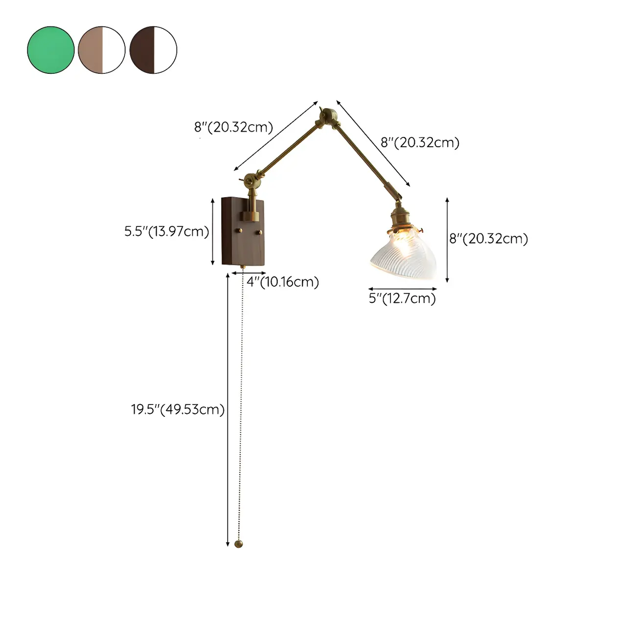 Vintage Brass Swing Arm Carved Glass Shade Wall Light #size