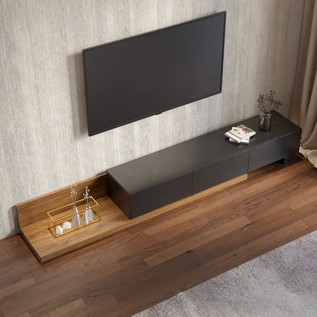 Extendable Floor Walnut TV Stand with 3 Drawers Image - 3