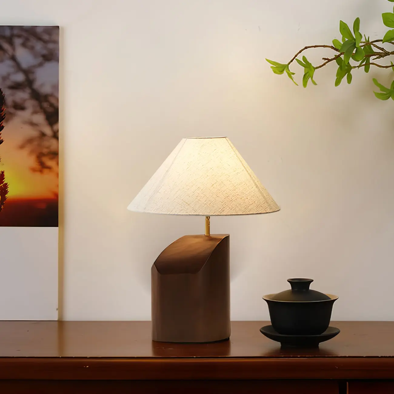 Contemporary Wood Fabric Table Lamp With Drum Shade Image - 13 | homeyfad