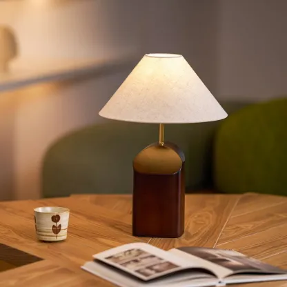 Contemporary Wood Fabric Table Lamp With Drum Shade Image - 9
