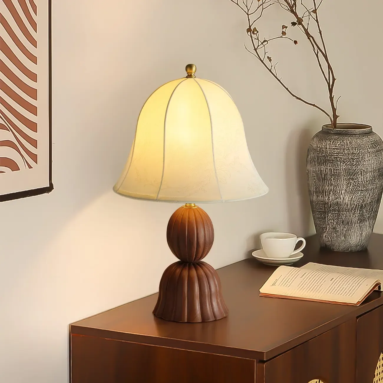Elegant Fabric Bell-shaped Wood Table Lamp For Living Room Image - 7