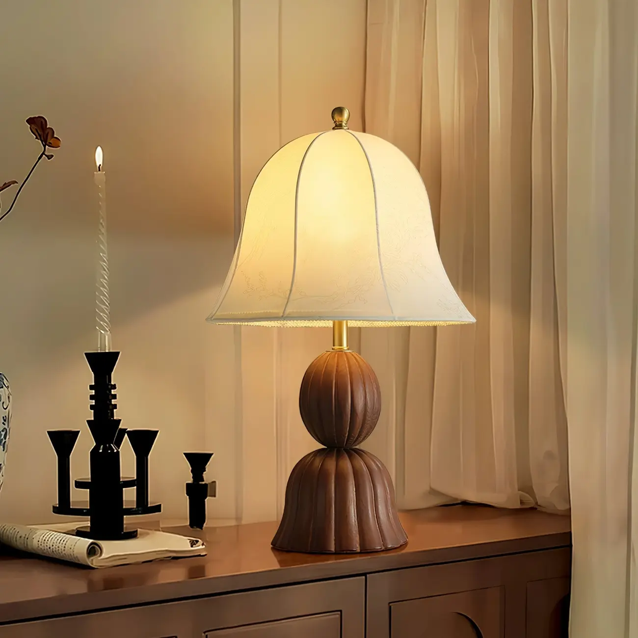 Elegant Fabric Bell-shaped Wood Table Lamp For Living Room Image - 8 | homeyfad