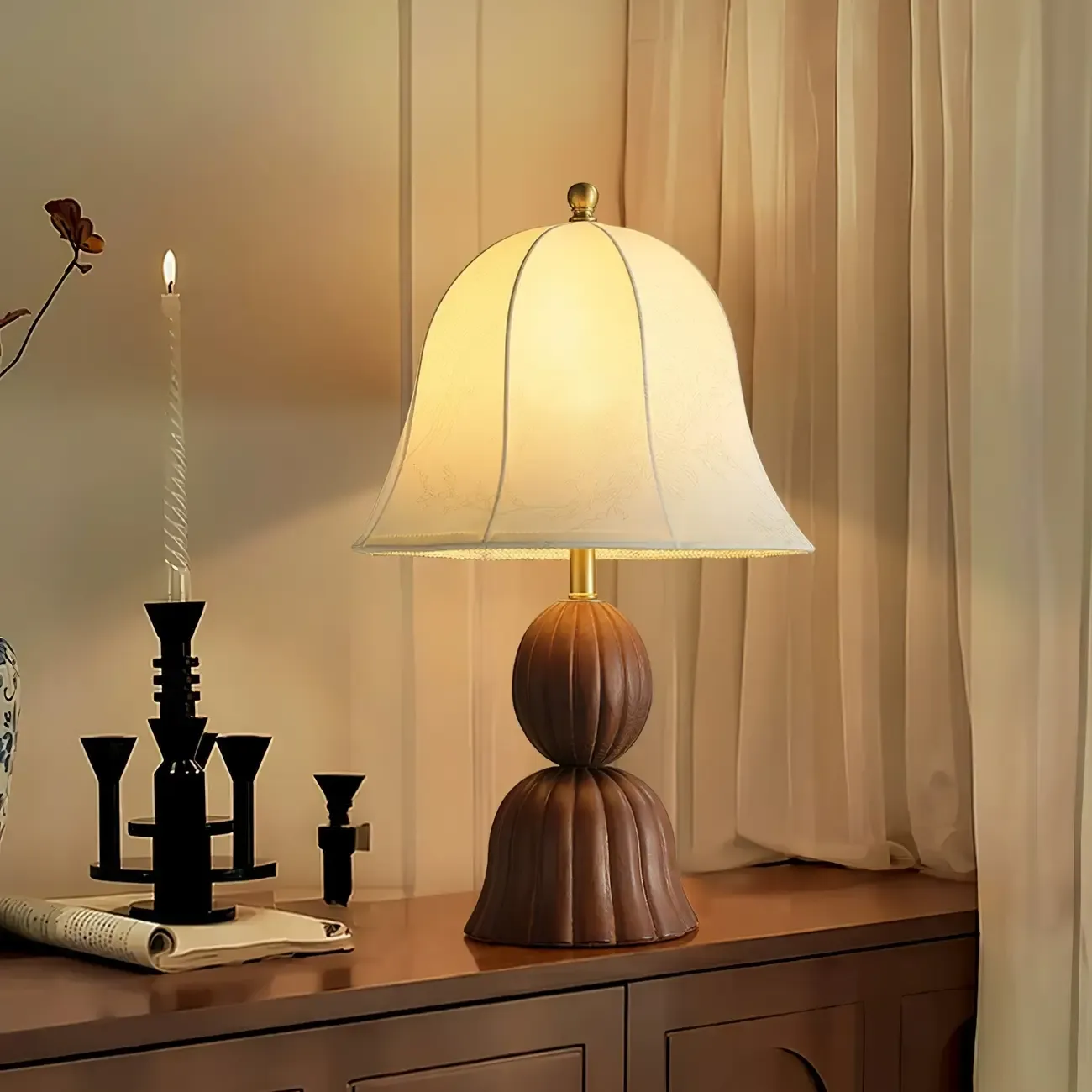 Elegant Fabric Bell-shaped Wood Table Lamp For Living Room Image - 8