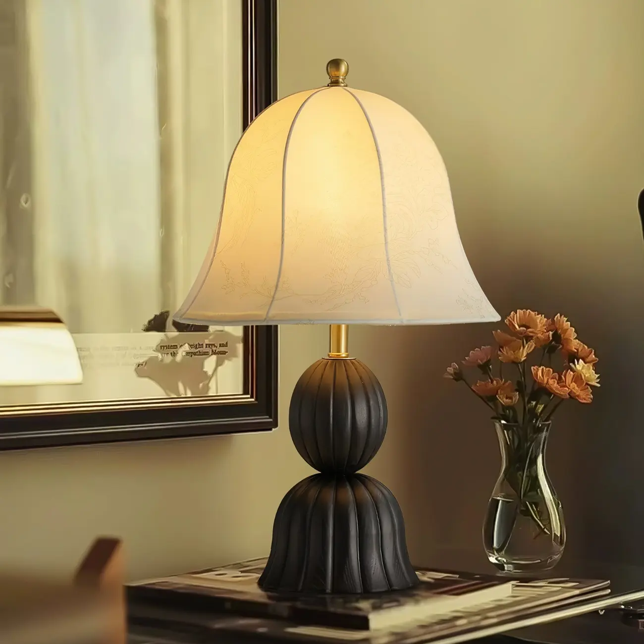 Elegant Fabric Bell-shaped Wood Table Lamp For Living Room Image - 12 | homeyfad
