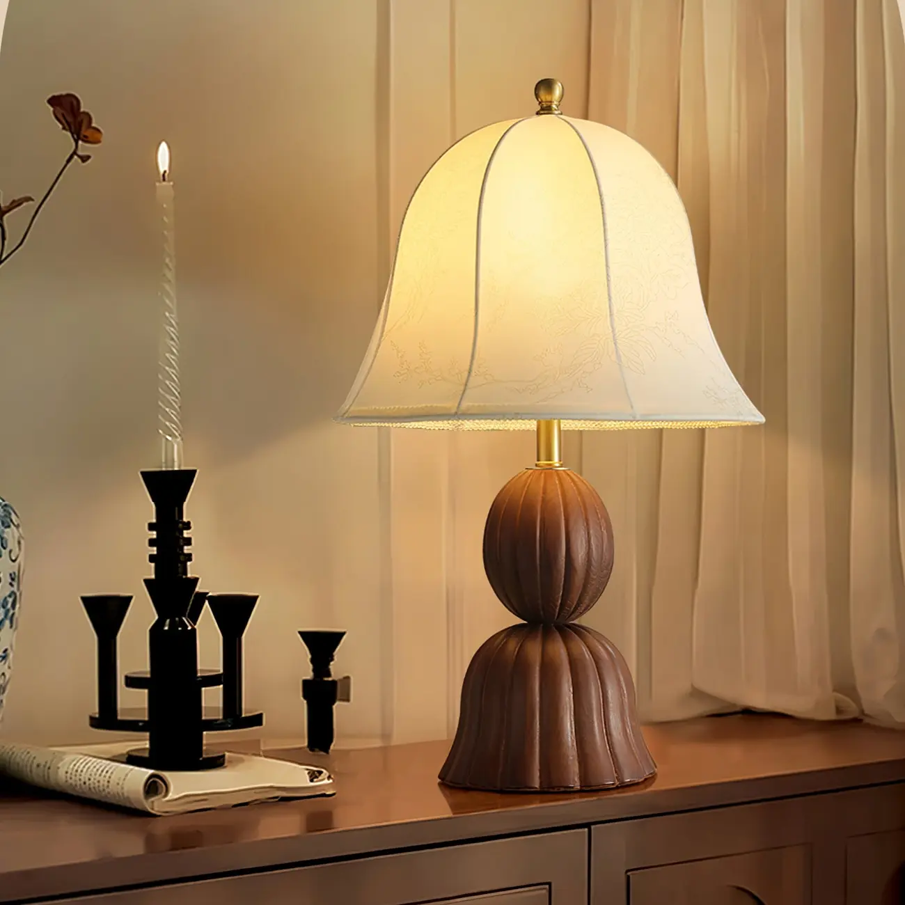 Elegant Fabric Bell-shaped Wood Table Lamp For Living Room Image - 13 | homeyfad