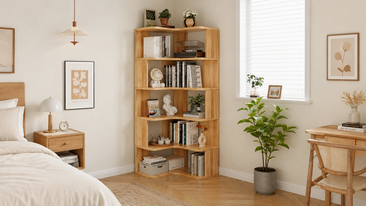 L-Shaped Wood Open Bookcase