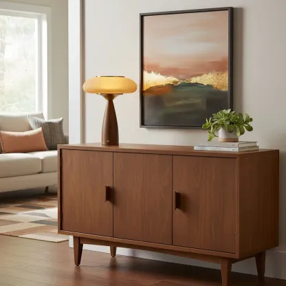 Mid Century Modern Wood Base Post Cap Table Lamp Image - 15