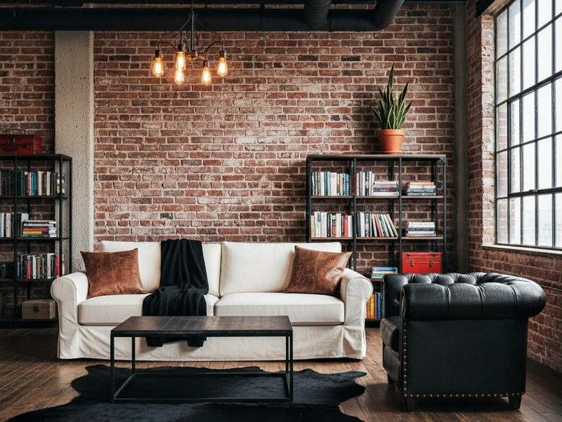 Industrial Edge Living Room with White Sofa