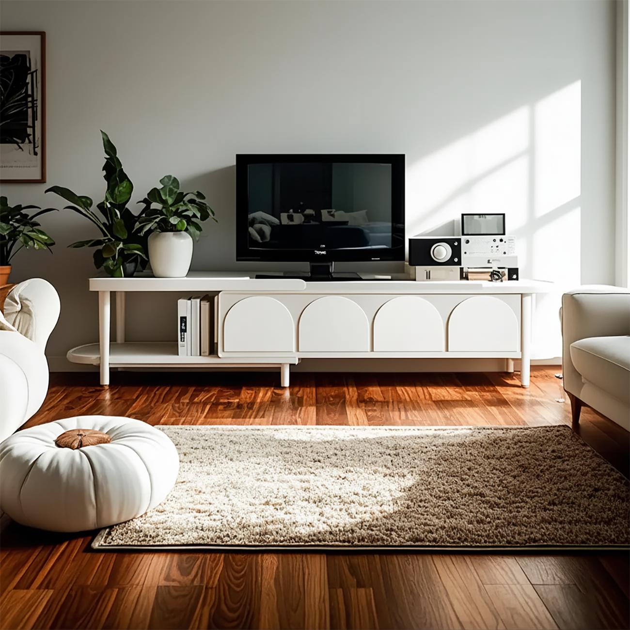 White Nordic Wood Arch Side Shelf TV Stand with Cabinet | homeyfad