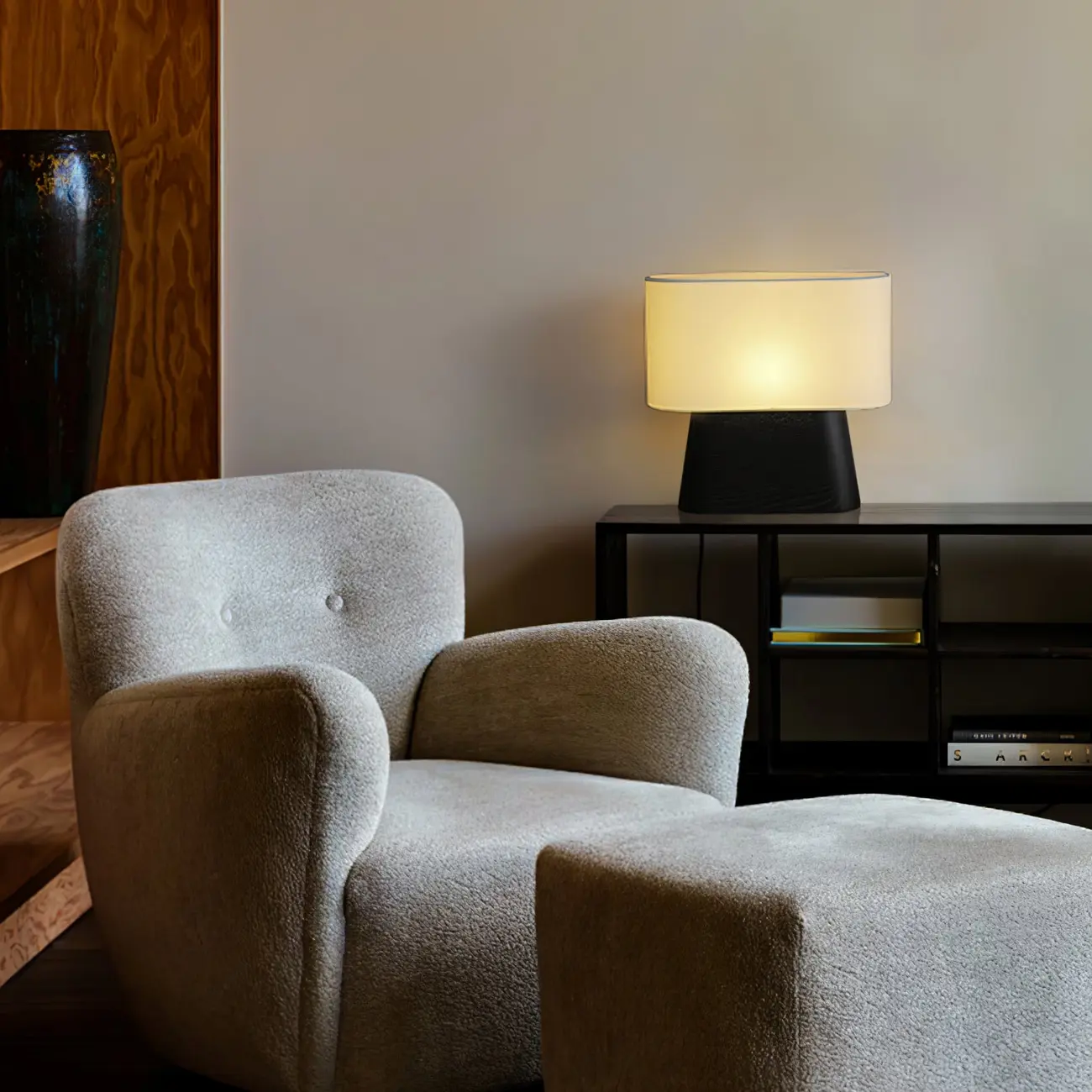 Minimalist Oval Shade Wood Fabric Table Lamp LED Image - 18 | homeyfad