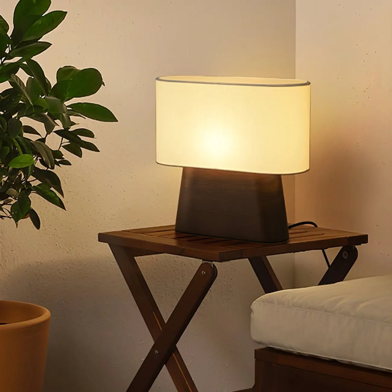 Minimalist Oval Shade Wood Fabric Table Lamp LED Image - 3 | homeyfad