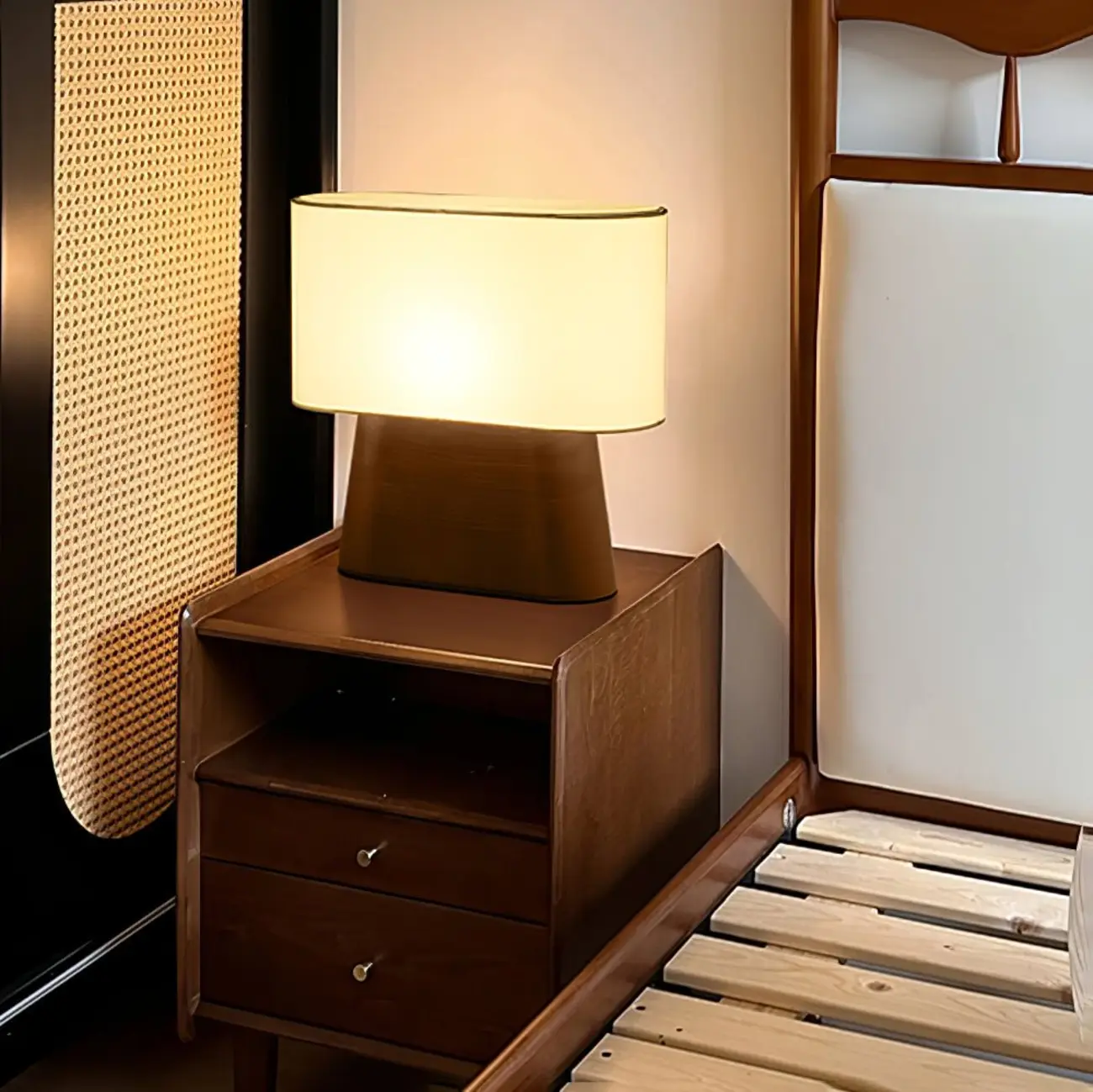 Minimalist Oval Shade Wood Fabric Table Lamp LED Image - 5 | homeyfad