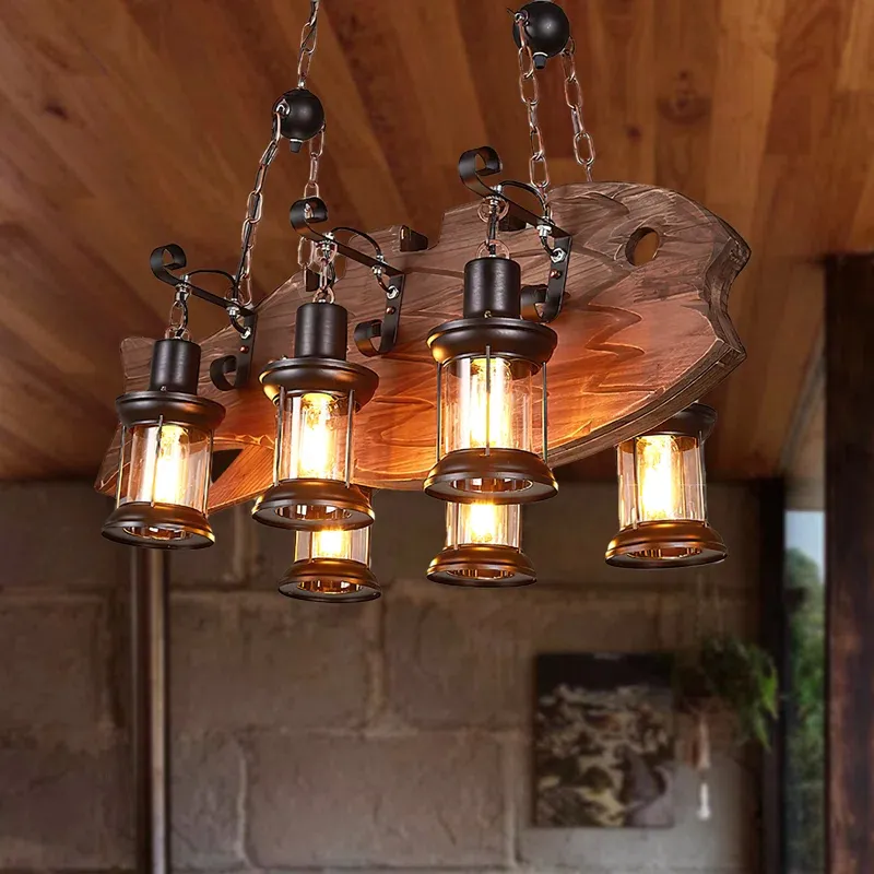 Farmhouse Industrial Brown Wooden Ceiling Chandelier for Kitchen