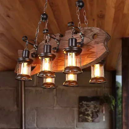 Farmhouse Industrial Brown Wooden Ceiling Chandelier for Kitchen