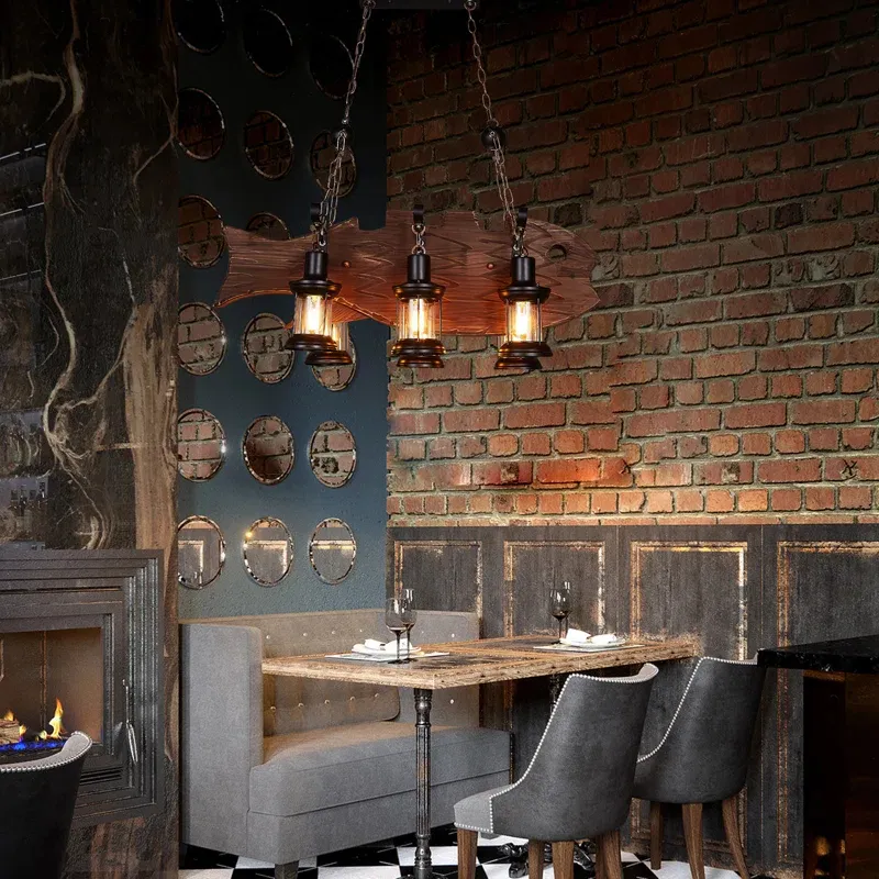 Farmhouse Industrial Brown Wooden Ceiling Chandelier for Kitchen