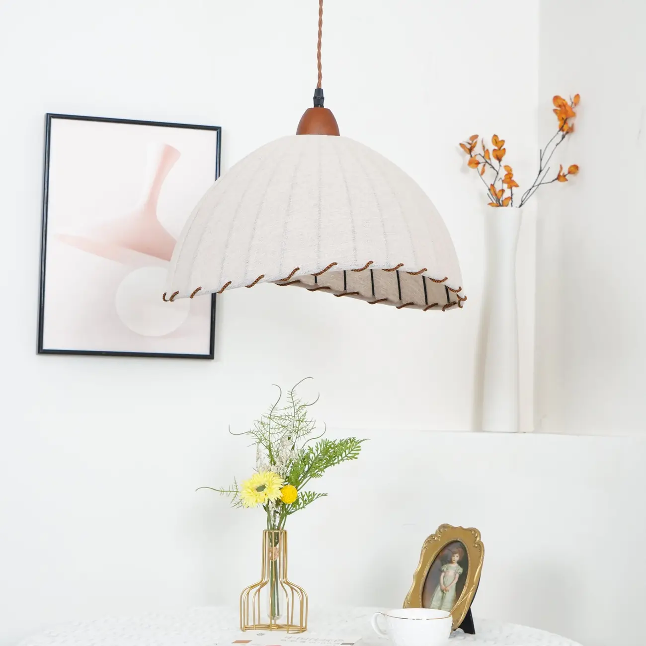 Rattan Fabric Pendant Lamp Beige Dome Shape For Kitchen Image - 30 | homeyfad
