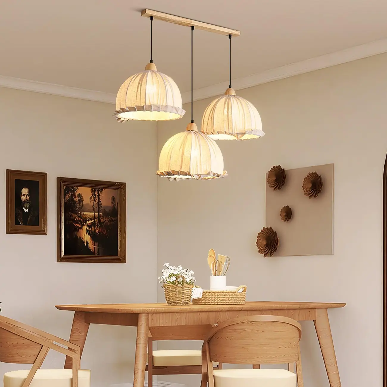 Rattan Fabric Pendant Lamp Beige Dome Shape For Kitchen Image - 11 | homeyfad