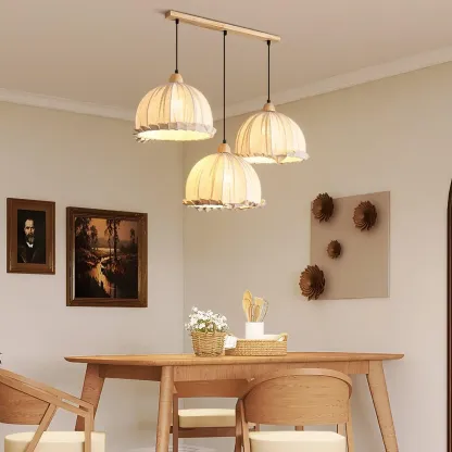 Rattan Fabric Pendant Lamp Beige Dome Shape For Kitchen Image - 7