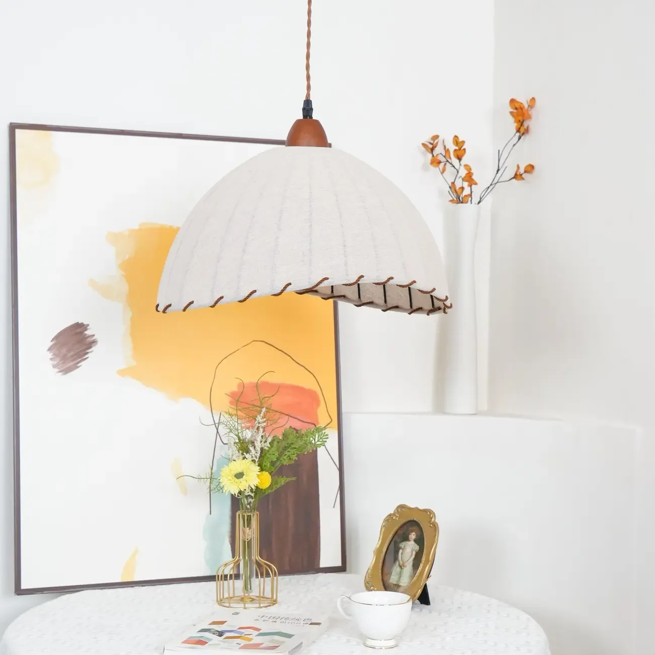 Rattan Fabric Pendant Lamp Beige Dome Shape For Kitchen Image - 37