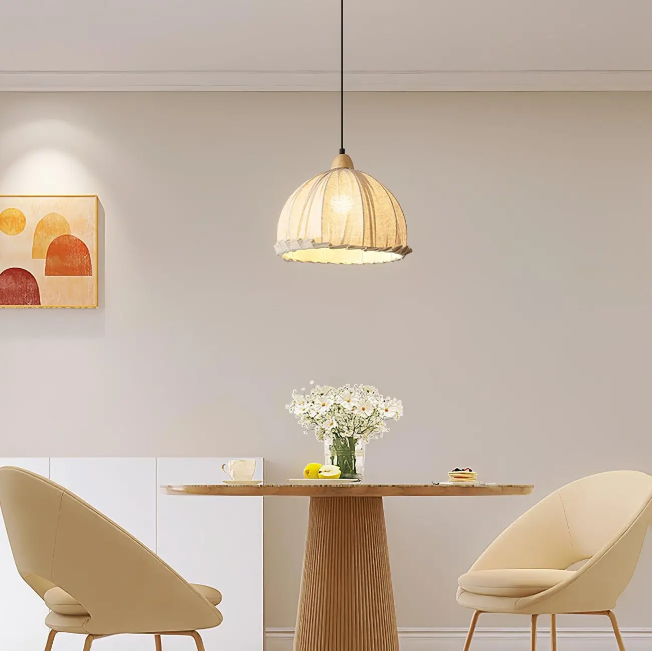 Rattan Fabric Pendant Lamp Beige Dome Shape For Kitchen Image - 10 | homeyfad