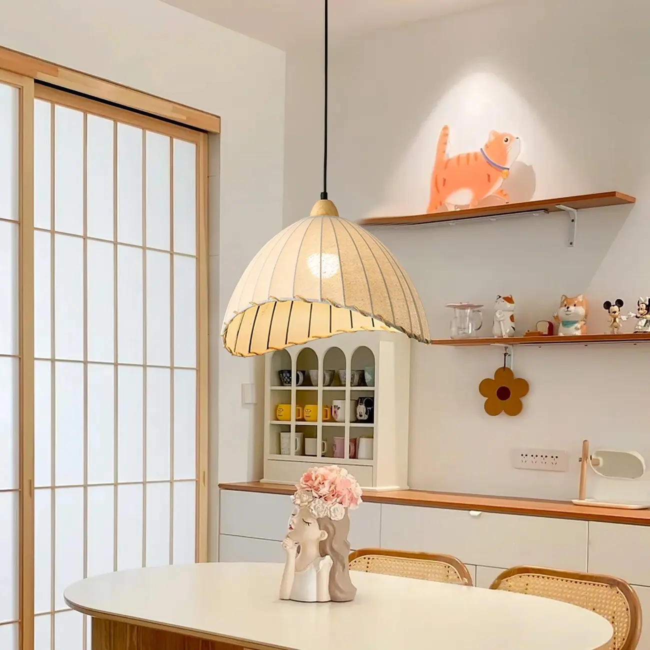 Rattan Fabric Pendant Lamp Beige Dome Shape For Kitchen Image - 9 | homeyfad