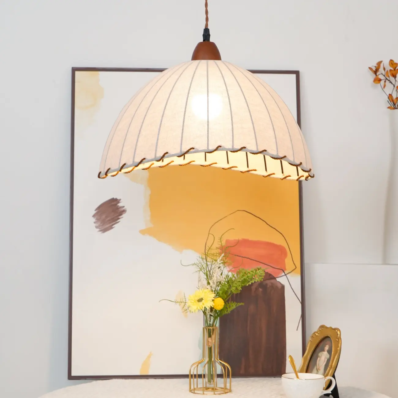 Rattan Fabric Pendant Lamp Beige Dome Shape For Kitchen Image - 33 | homeyfad