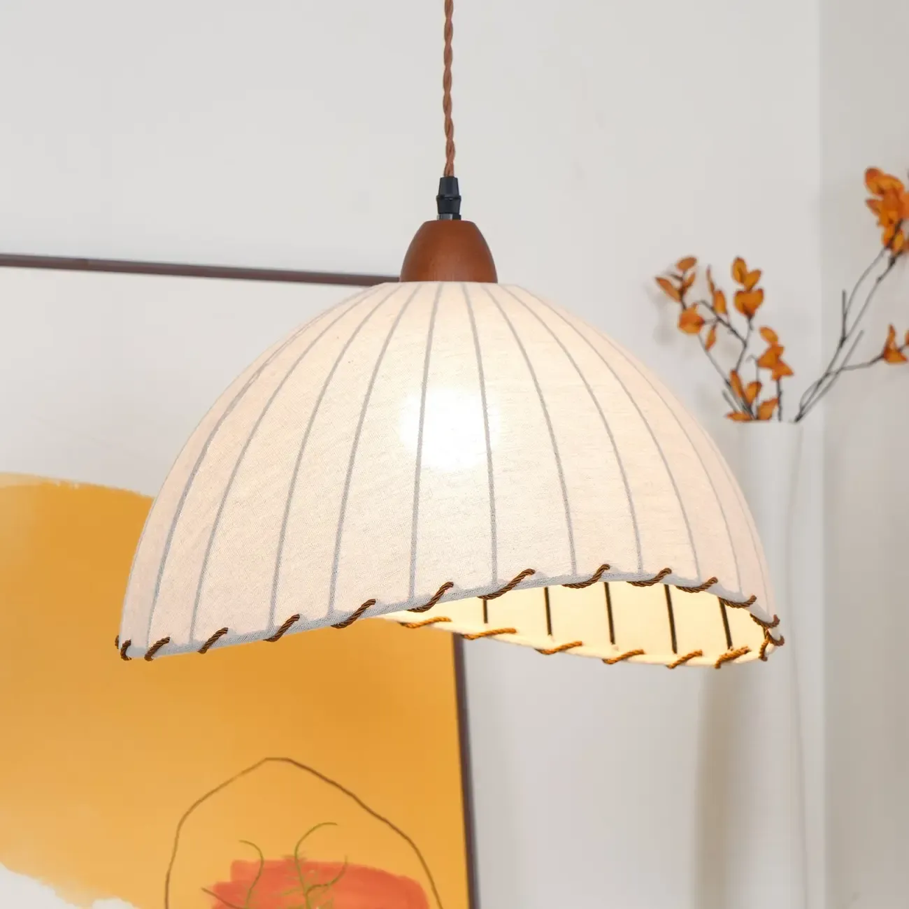 Rattan Fabric Pendant Lamp Beige Dome Shape For Kitchen Image - 40
