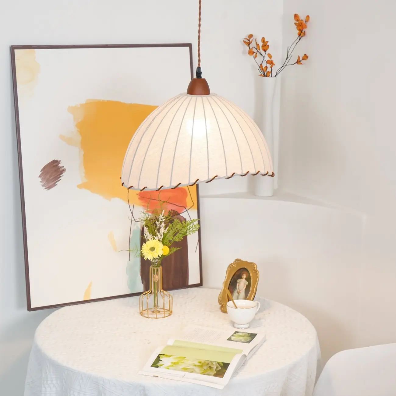 Rattan Fabric Pendant Lamp Beige Dome Shape For Kitchen Image - 41 | homeyfad