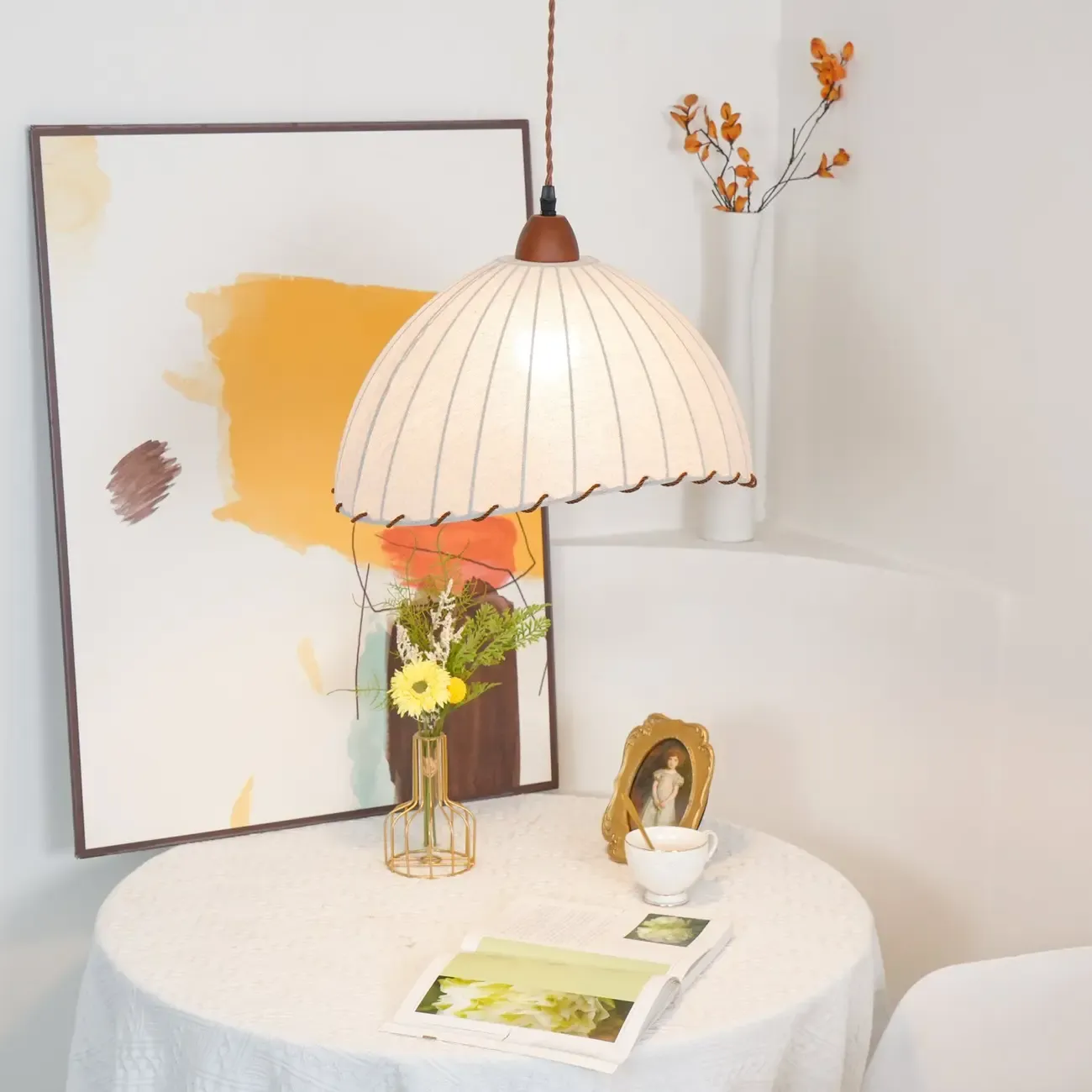 Rattan Fabric Pendant Lamp Beige Dome Shape For Kitchen Image - 41