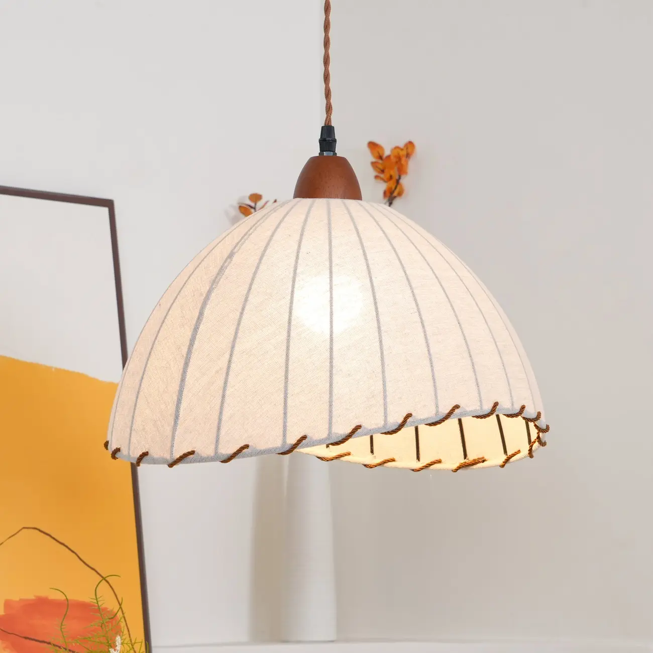Rattan Fabric Pendant Lamp Beige Dome Shape For Kitchen Image - 42 | homeyfad